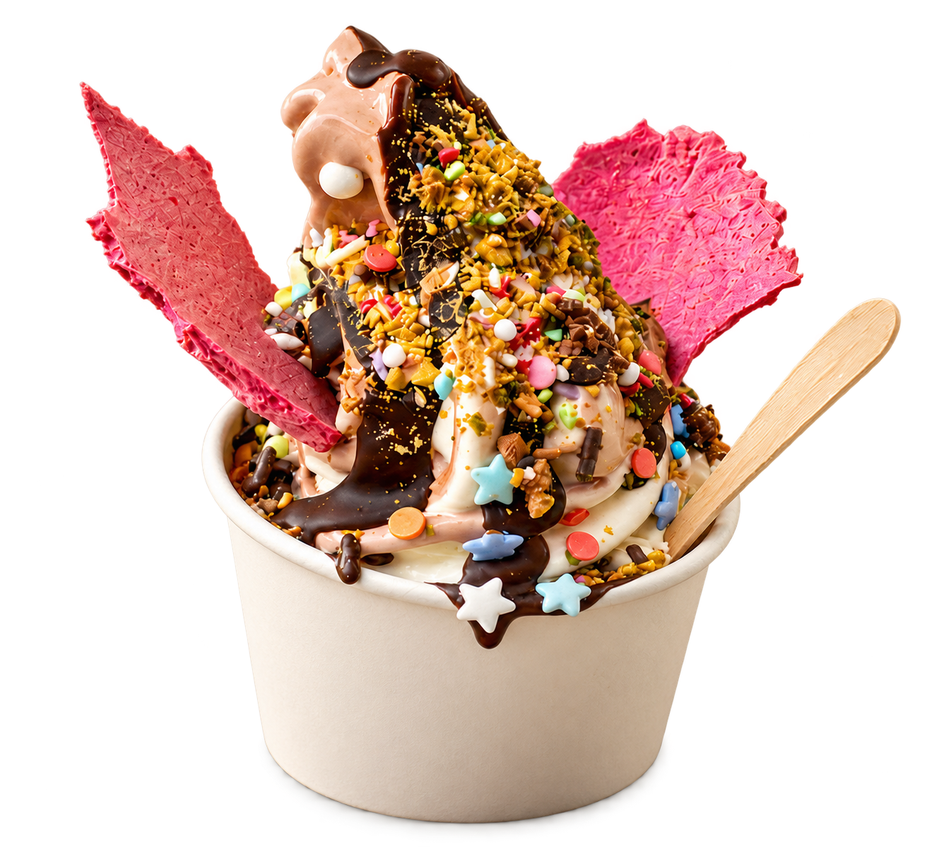 Dänisches Softeis mit Schokoladensauce, Toppings und pinken Waffeln